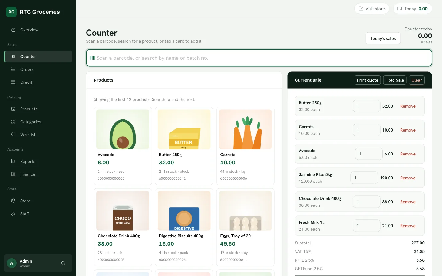 The counter: product cards on the left, the current sale and its total on the right