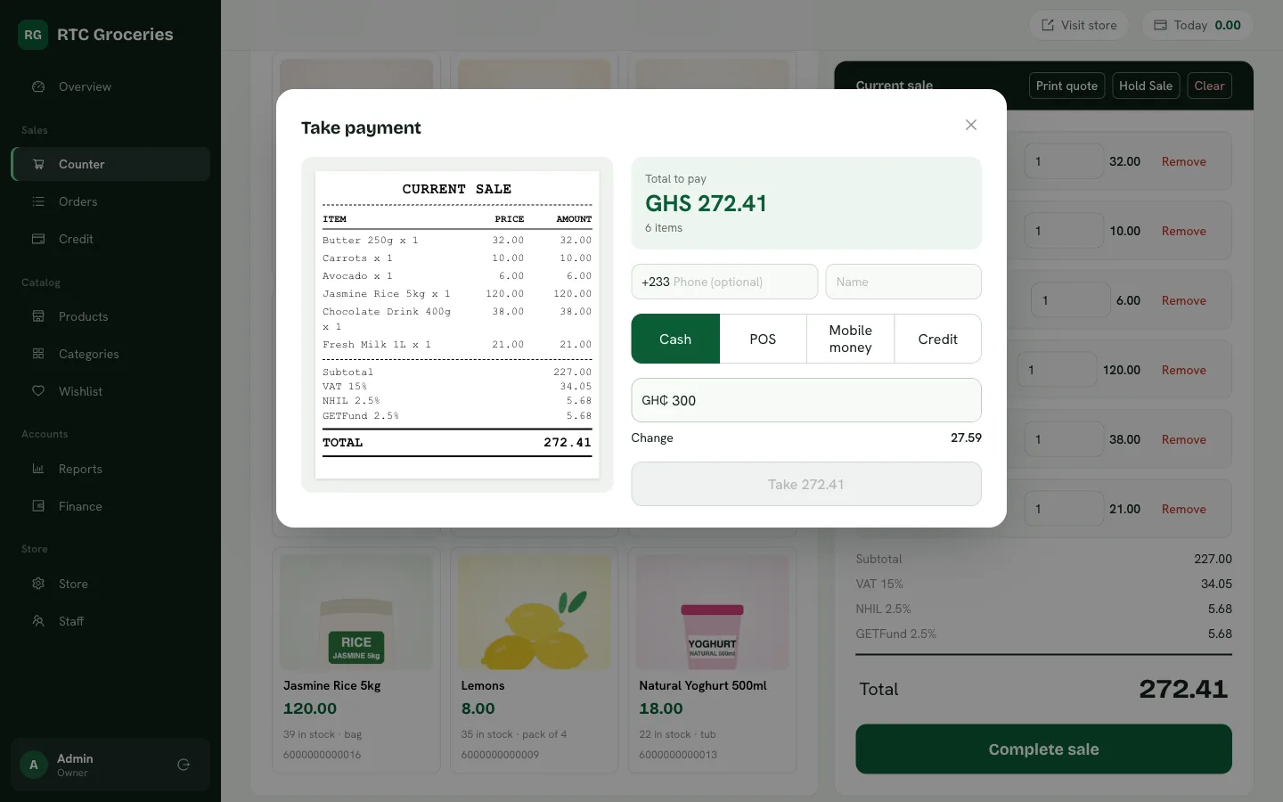 Taking payment: cash, POS, mobile money or credit, with change worked out