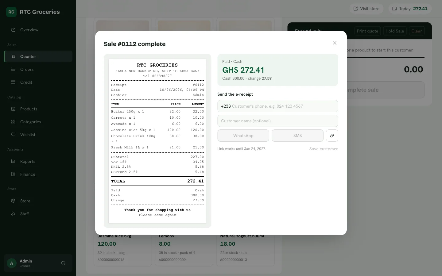 A finished sale with its receipt and buttons to send it by WhatsApp or SMS