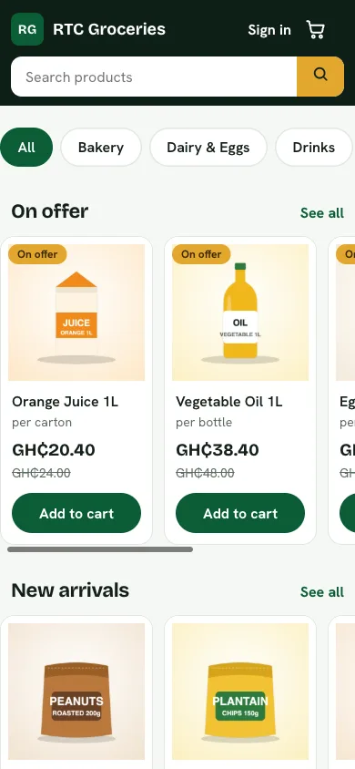 A shop's home page on a phone, with categories and products on offer